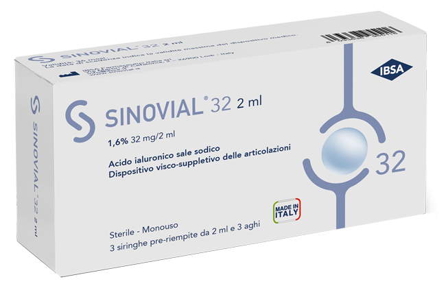 SIRINGA INTRA-ARTICOLARE SINOVIAL 32 ACIDO IALURONICO SALE SODICO 1,6% 32MG/2ML 3 SIRINGHE X 2ML + 3 AGHI - Farmacia Dott. Pasquale Russo
