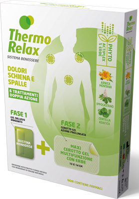 THERMORELAX PHYTO GEL DOLORI SCHIENA E SPALLE FASE 1 GEL SOLLIEVO IMMEDIATO E FASE 2 MAXI CEROTTO GEL MULTIFUNZIONALE CON ERBE 6 PEZZI - Farmacia Dott. Pasquale Russo
