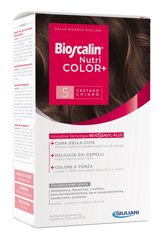BIOSCALIN NUTRICOLOR PLUS 5 CASTANO CHIARO CREMA COLORANTE 40 ML + RIVELATORE CREMA 60 ML + SHAMPOO 12 ML + TRATTAMENTO FINALE BALSAMO 12 ML - Farmacia Dott. Pasquale Russo