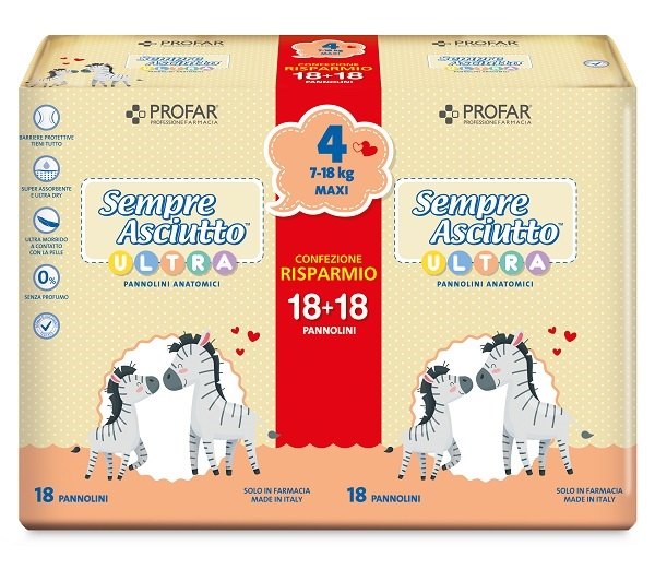 PANNOLINI PROFAR SEMPRE ASCIUTTO ULTRA MAXI 7/18 KG BIPACCO 18+18 PEZZI - Farmacia Dott. Pasquale Russo